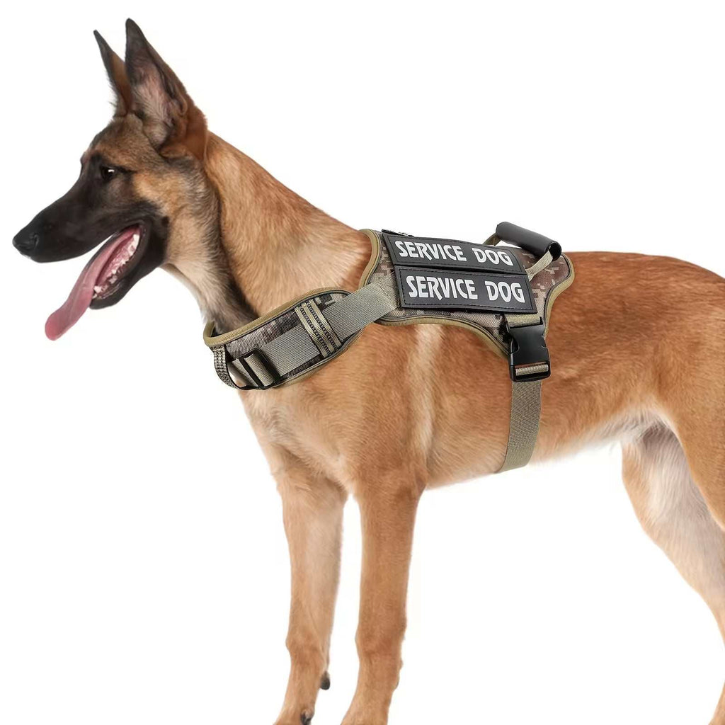 Harnais anti-traction tactique en polyester respirant pour chien, ajustable, sécurité optimale et design camouflage.